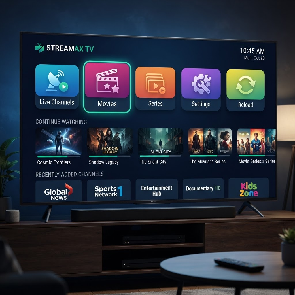 Interface do aplicativo Smart One com menu de canais, filmes e configurações