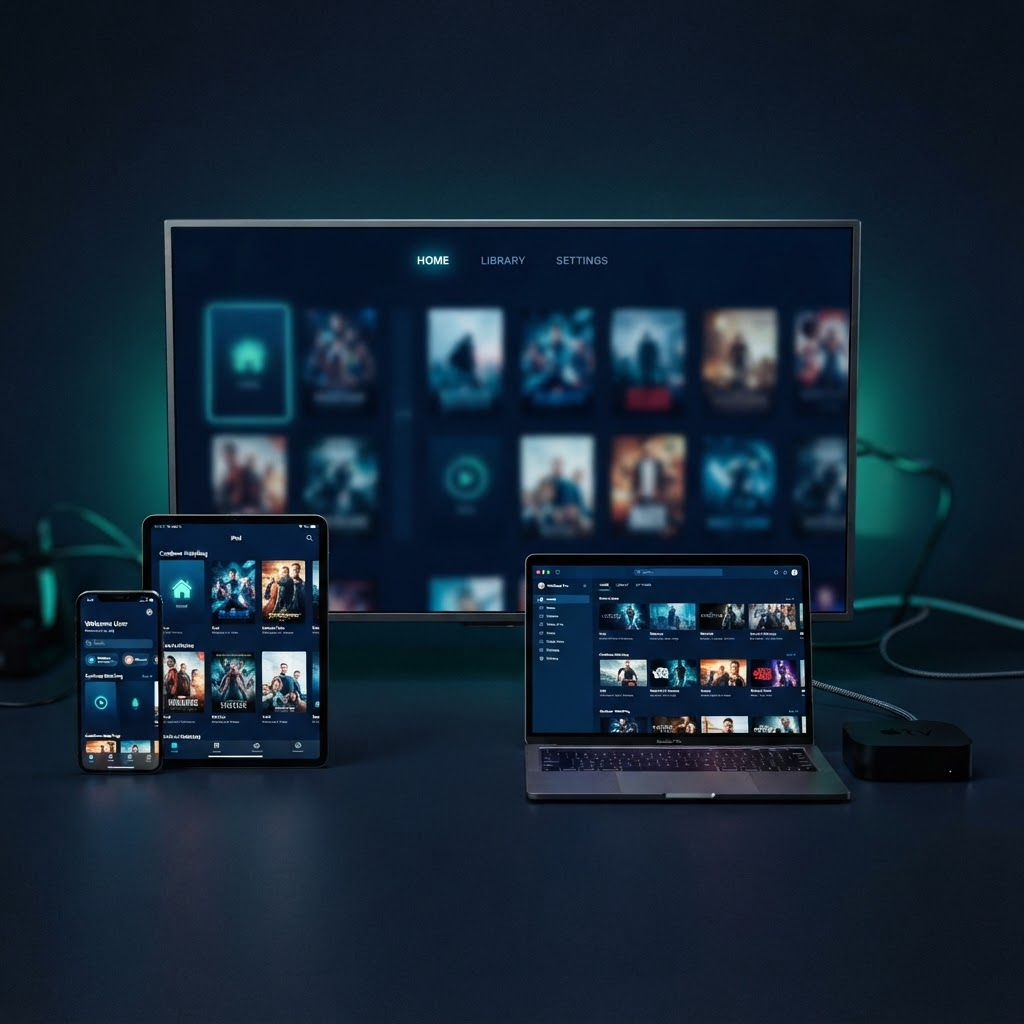Diversos dispositivos compatíveis com o UniTVPlay: Smart TV, celular, tablet, notebook e TV Box